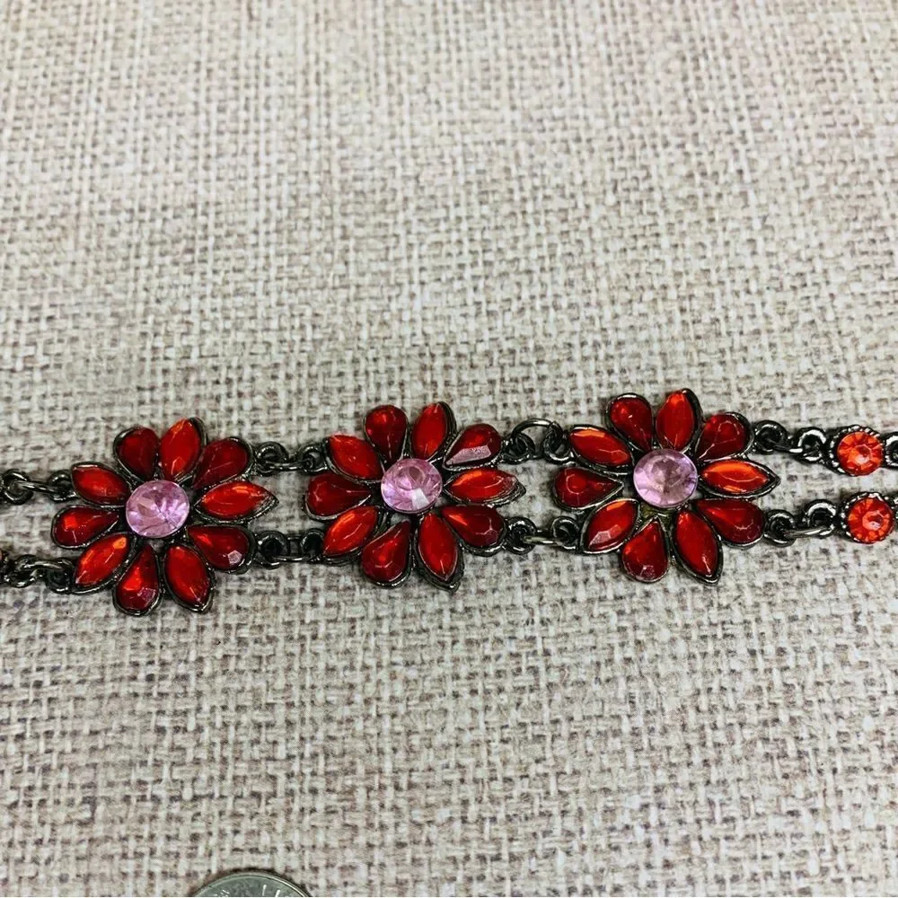 Gunmetal Red Crystal Double Strand Flower Bracelet‎
